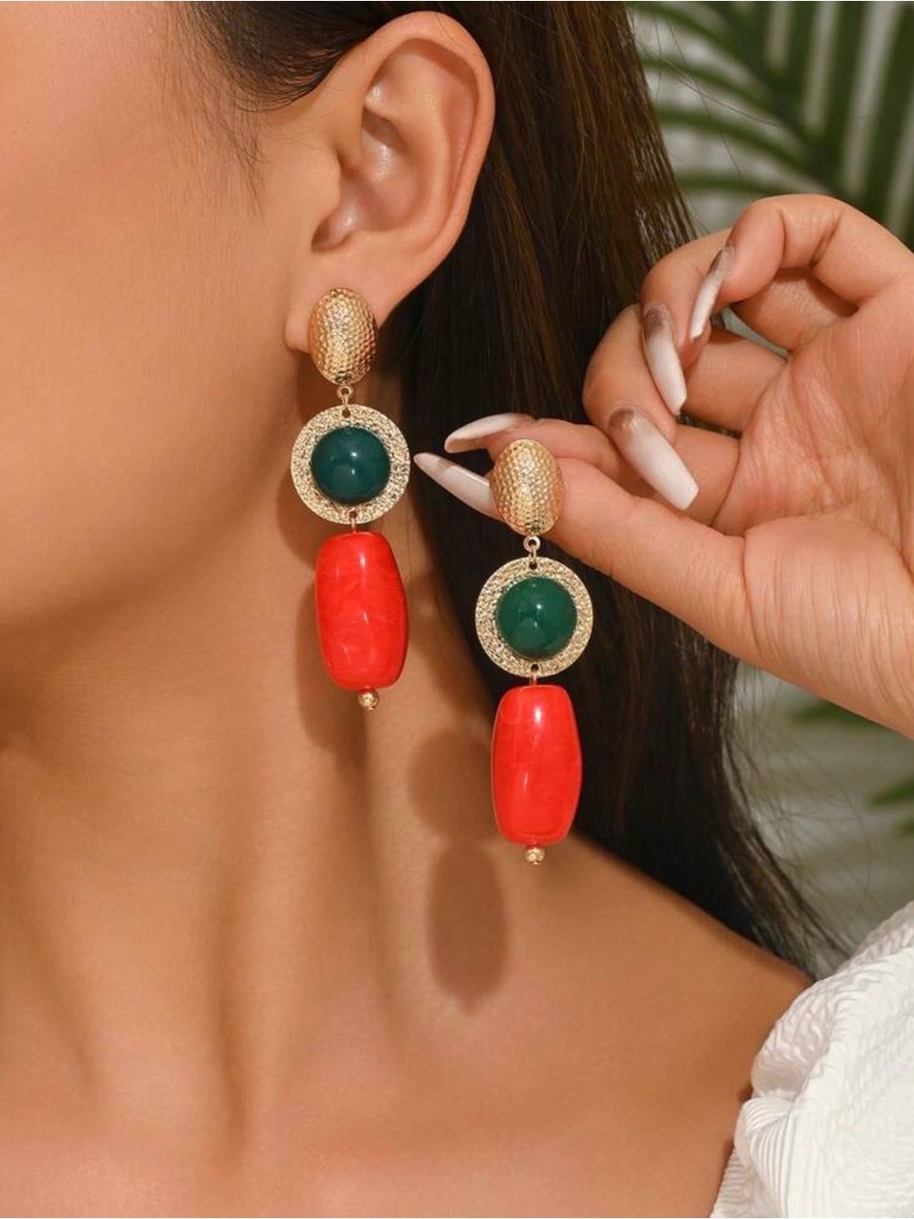 Gold Drop Earrings with Green and Red Stones - Women Jewelry